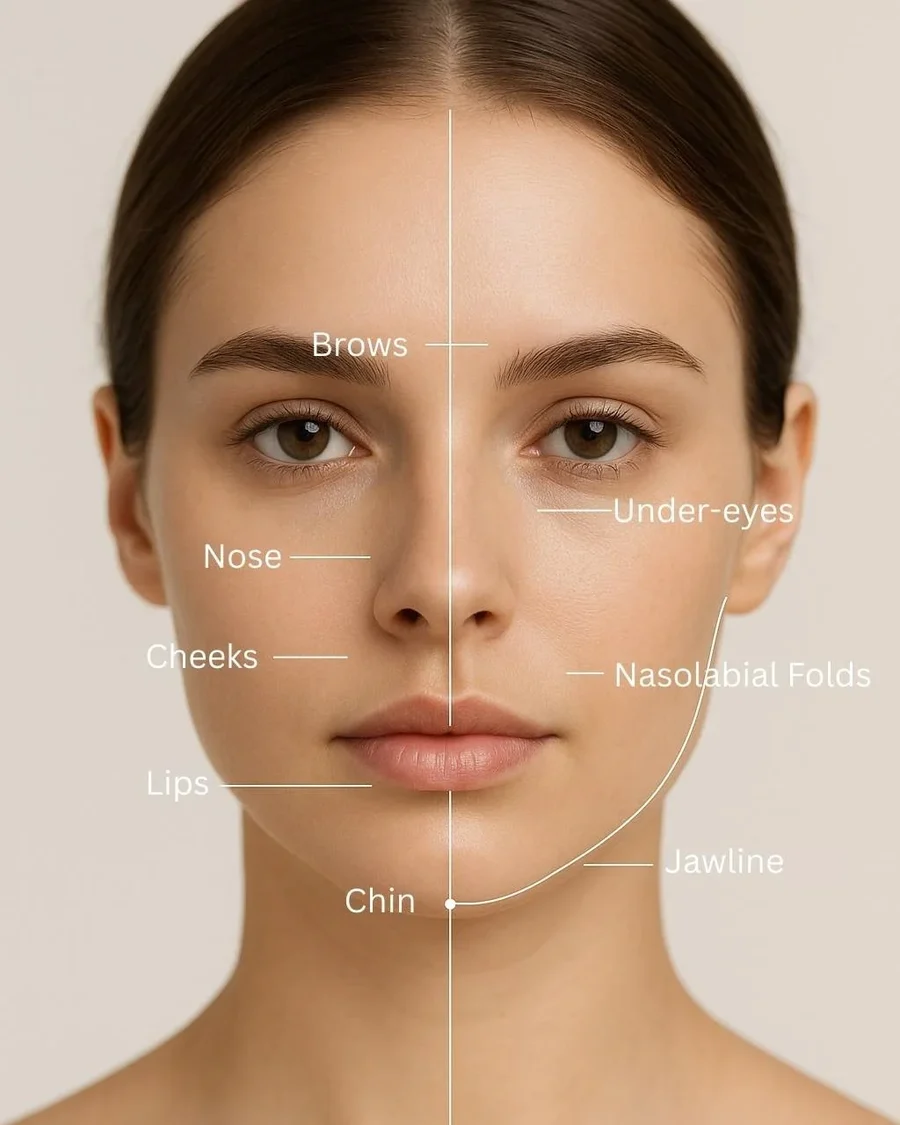 Facial balancing treatment areas at Pureté Medical Spa